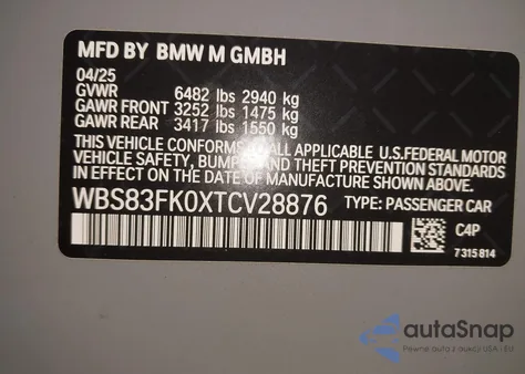 2026 BMW M5 z USA, uszkodzony, nr VIN WBS83FK0XTCV28876